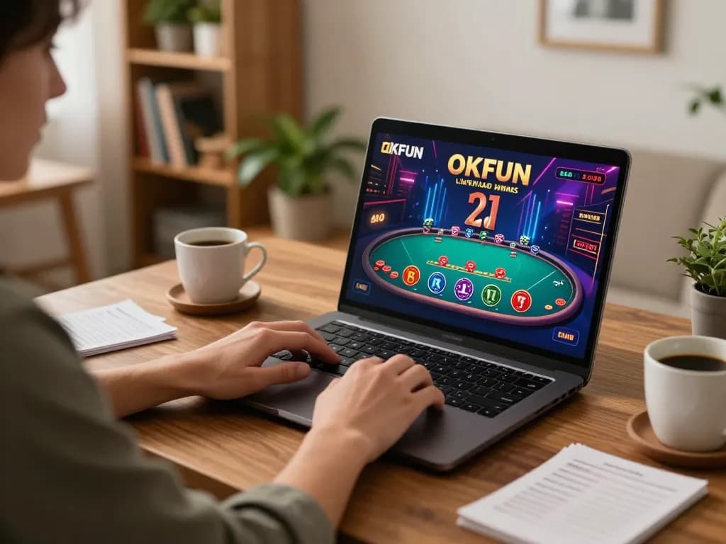 Engaging in online blackjack with OKFUN from a cozy home setup.