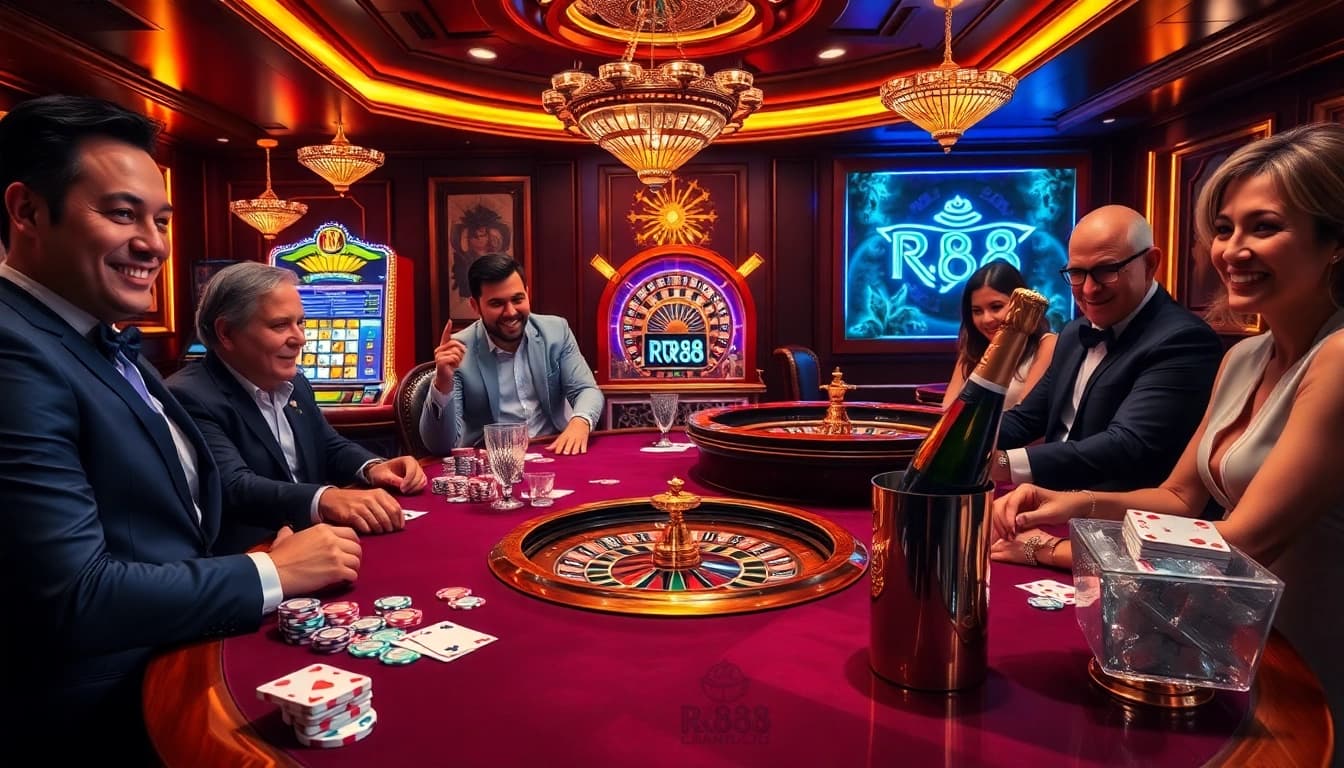 Excited players enjoying a high-stakes game at the RR88 casino poker table with colorful poker chips.