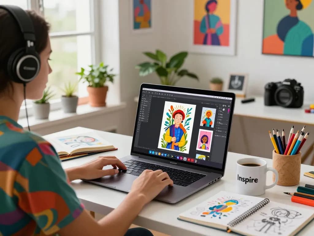 Creative artist using Nano Banana 2 AI image editor in vibrant workspace with art supplies.