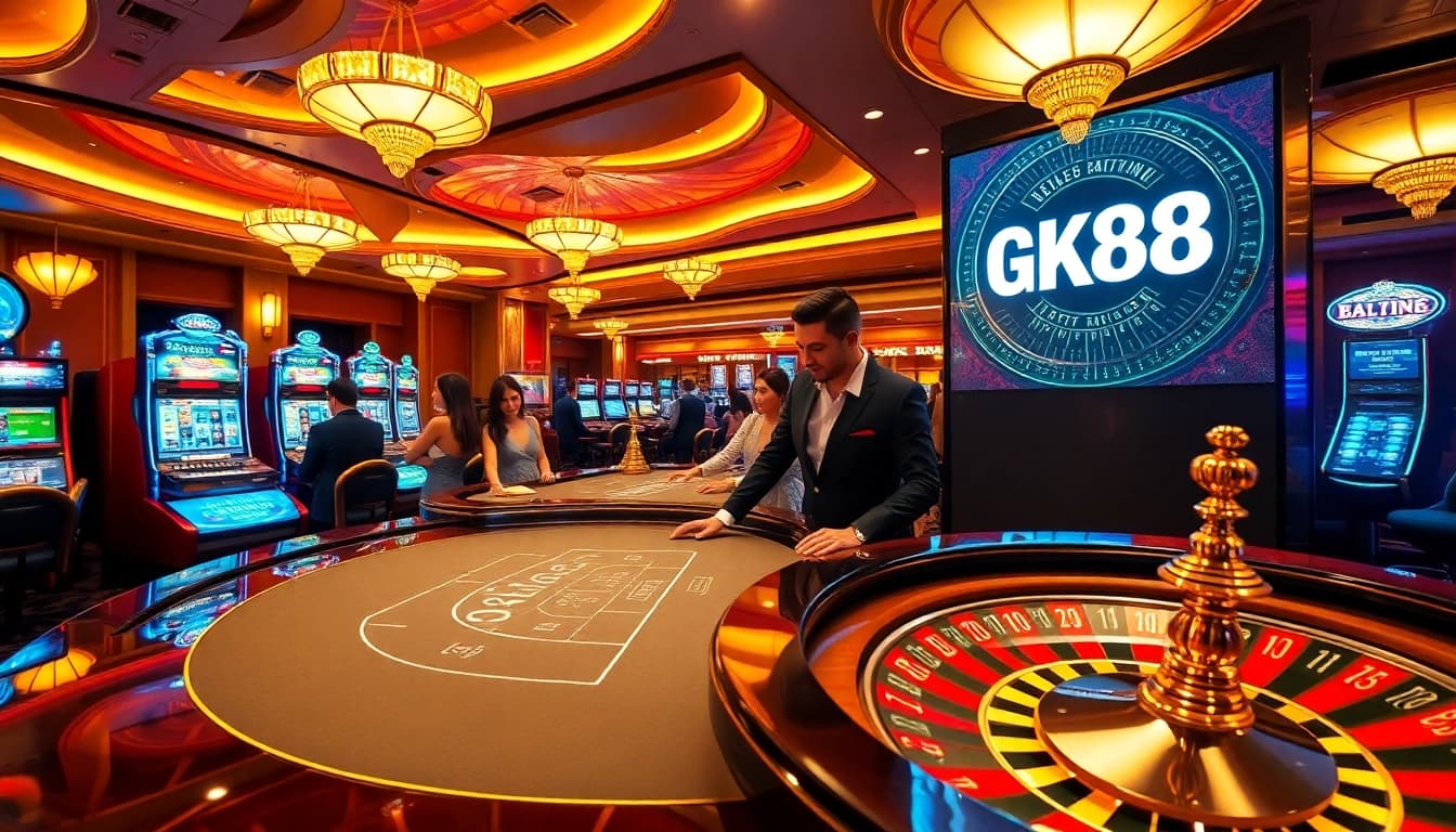 Experience the thrill of winning at GK88 casino with luxurious tables and vibrant slot machines.