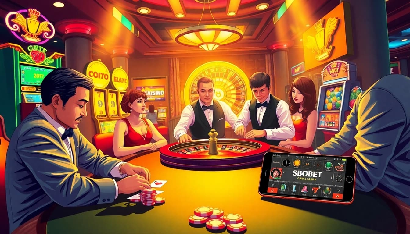 SBOBET logo on vibrant casino table showing intense poker action and roulette excitement.