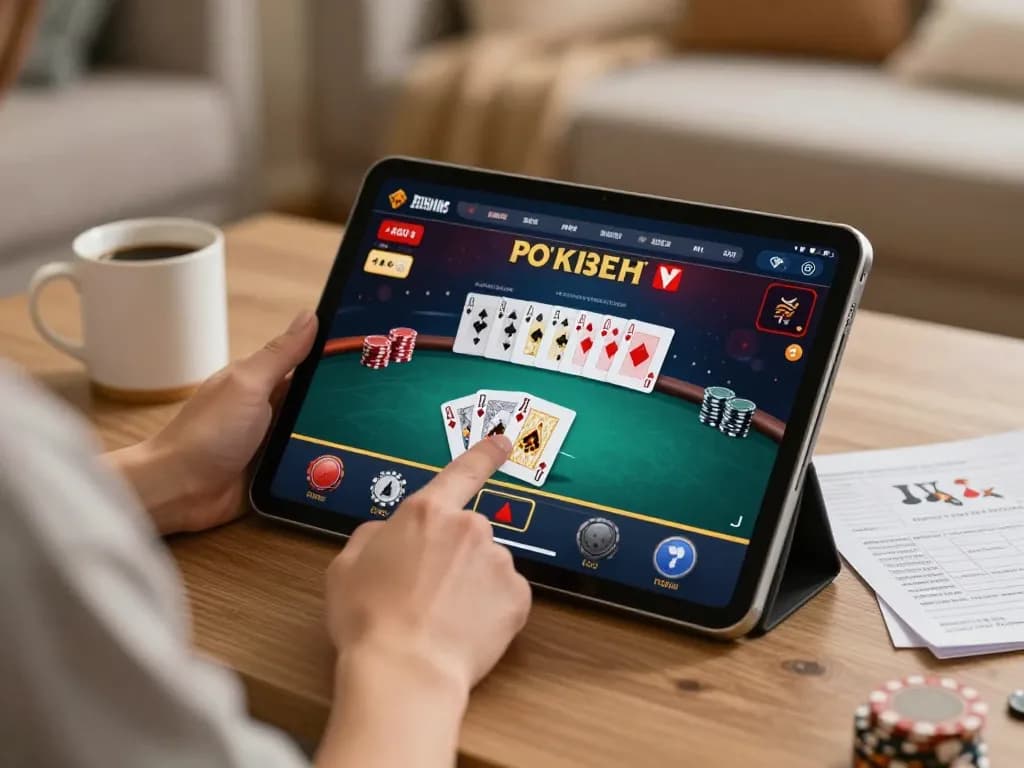Kuwinfi user enjoying online poker game at home with strategic notes and cozy atmosphere.