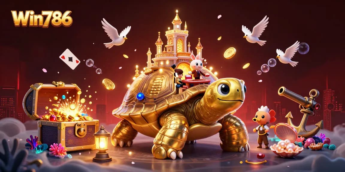 Experience Win786's vibrant casino world with animated dealers and treasure-filled designs.