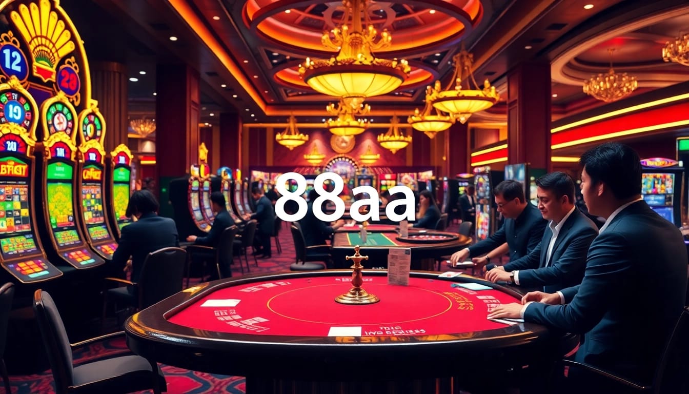 Gamblers enjoying a thrilling game of poker at 88aa casino tables, surrounded by vibrant decorations.