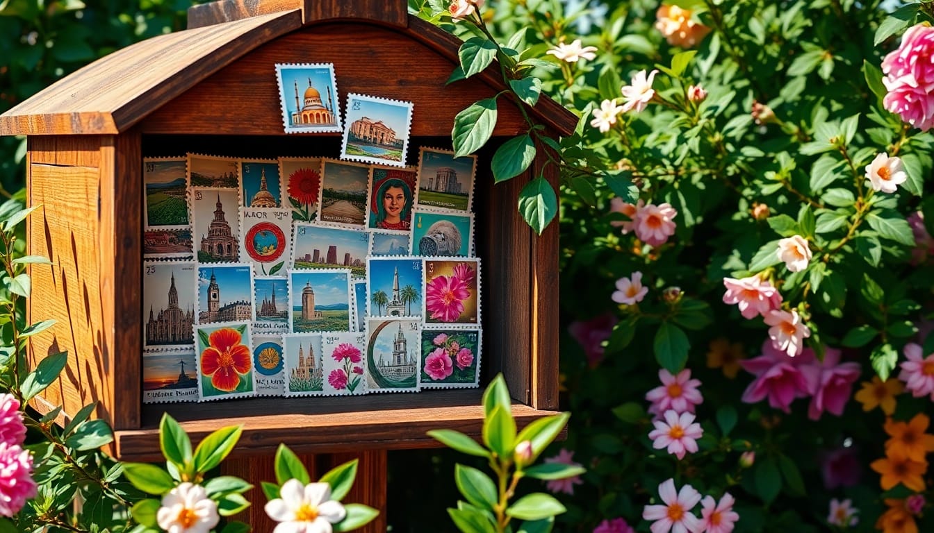 Explore an assortment of cheap postage stamps in a rustic mailbox surrounded by greenery.