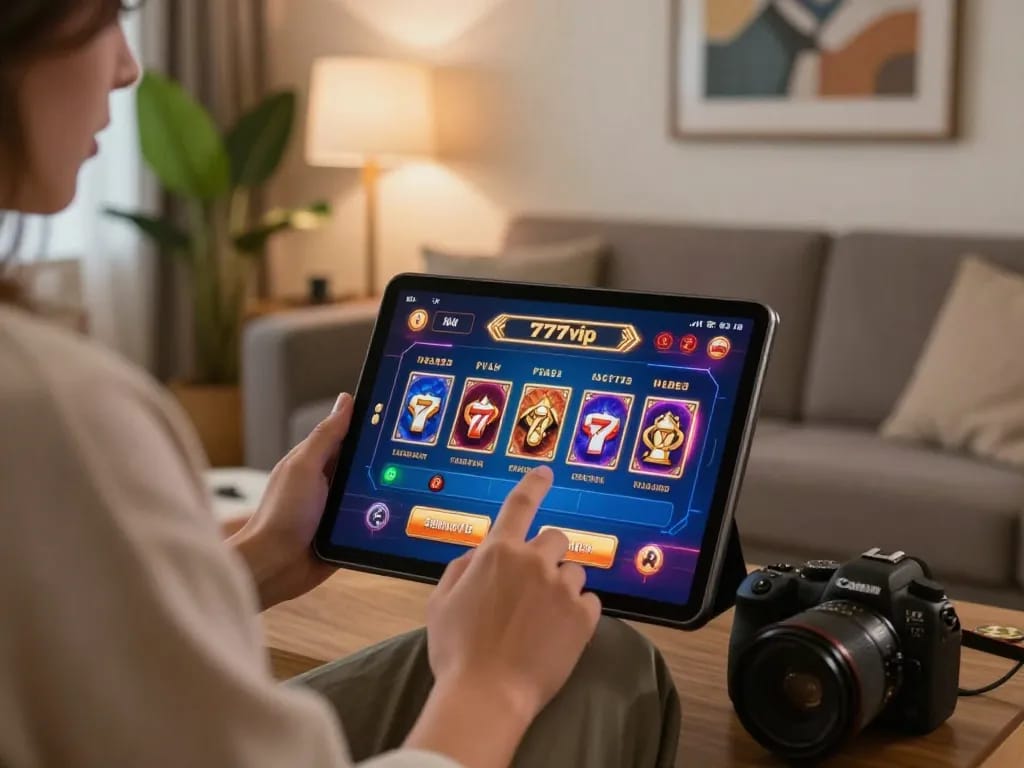 Engaged player using 777vip-br tablet for online casino gaming in a cozy room setting.