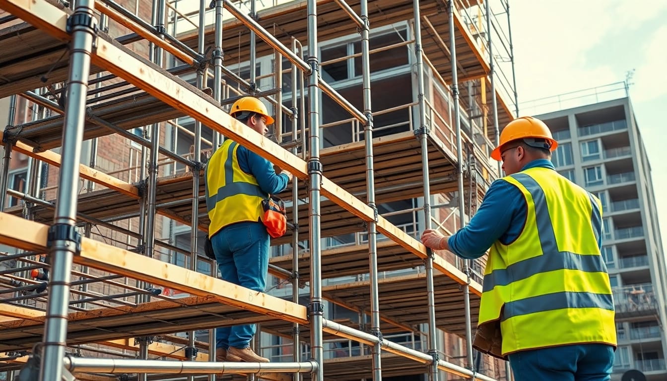 Professional workers assembling caffolding Bolton at a lively construction site, showcasing skill and teamwork.