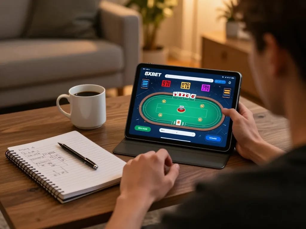 Player enjoying online poker with the 8XBET app on a tablet at home, demonstrating strategic engagement.