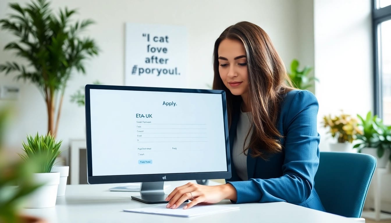 Filling out the eta uk application form on a modern computer in a bright office setting.