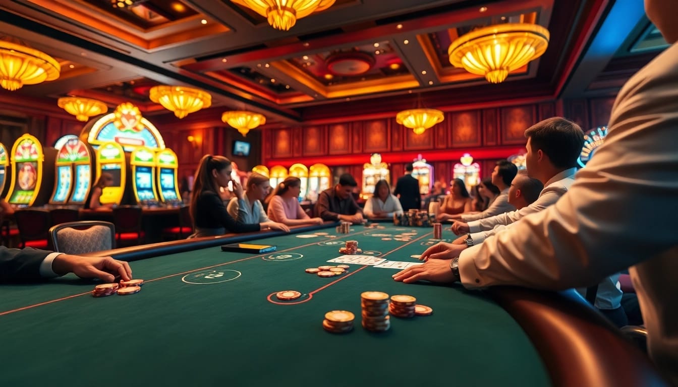 Players engaging in high-stakes poker at 78win's luxurious casino tables.