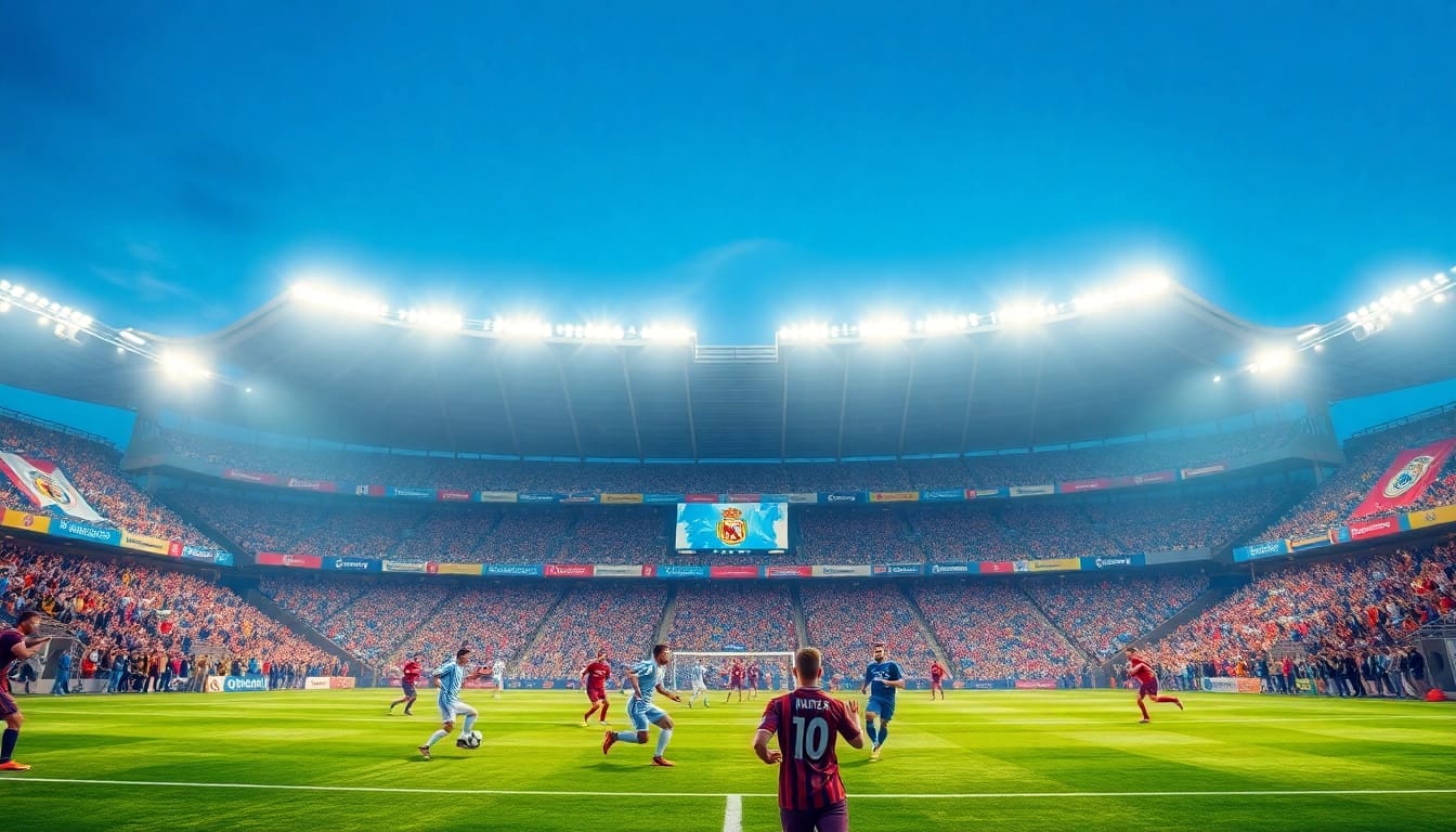 Exciting football match at a packed stadium with vibrant atmosphere, showcasing vaoluoitv streaming.