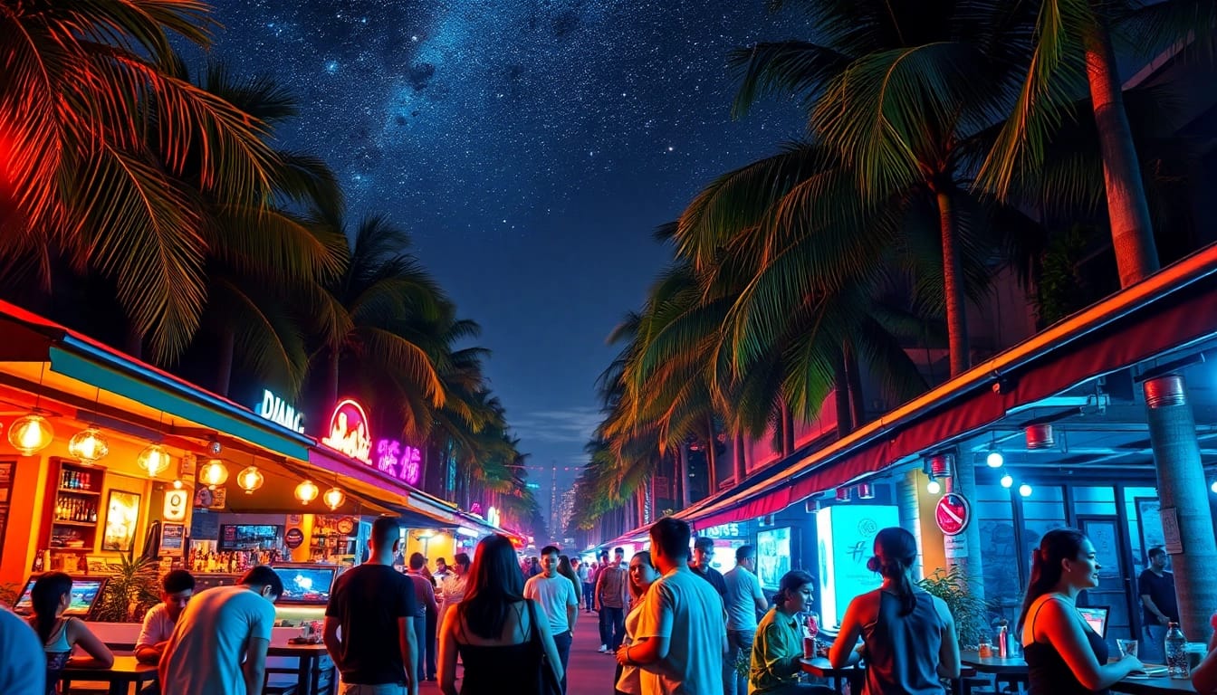 Captivating Da Nang nightlife scene featuring lively crowds and vibrant colors, showcasing 다낭밤문화.