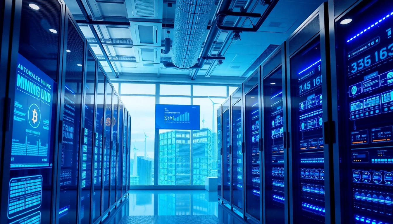 Visual representation of bitcoin cloud mining in a high-tech data center with AI interfaces and renewable energy.