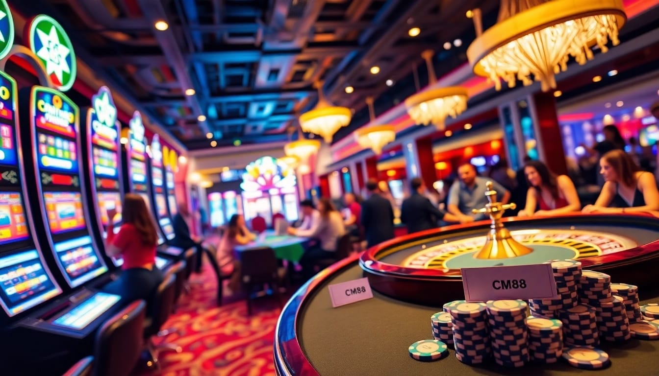 Experience the excitement of CM88 at a vibrant casino, showcasing spinning roulette wheels and enthusiastic players.