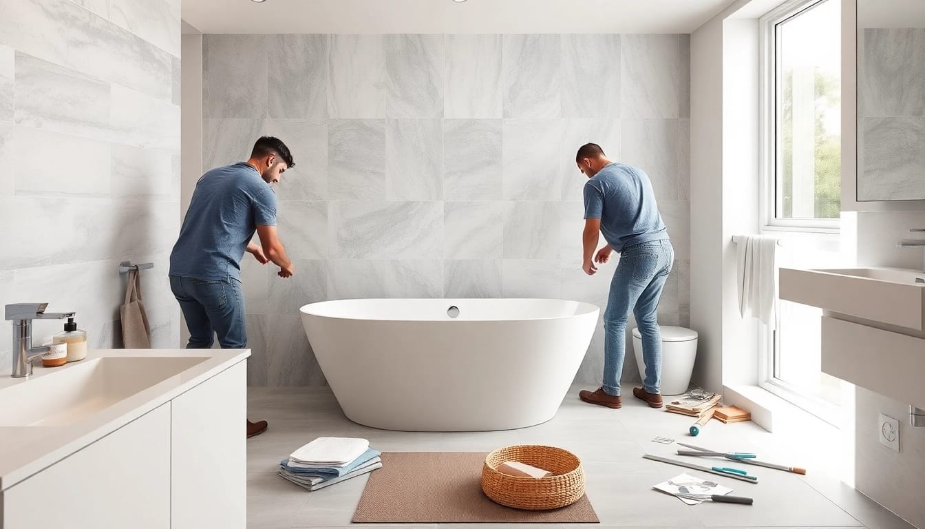 Skilled bathroom fitters installing modern fixtures in a sleek remodel.