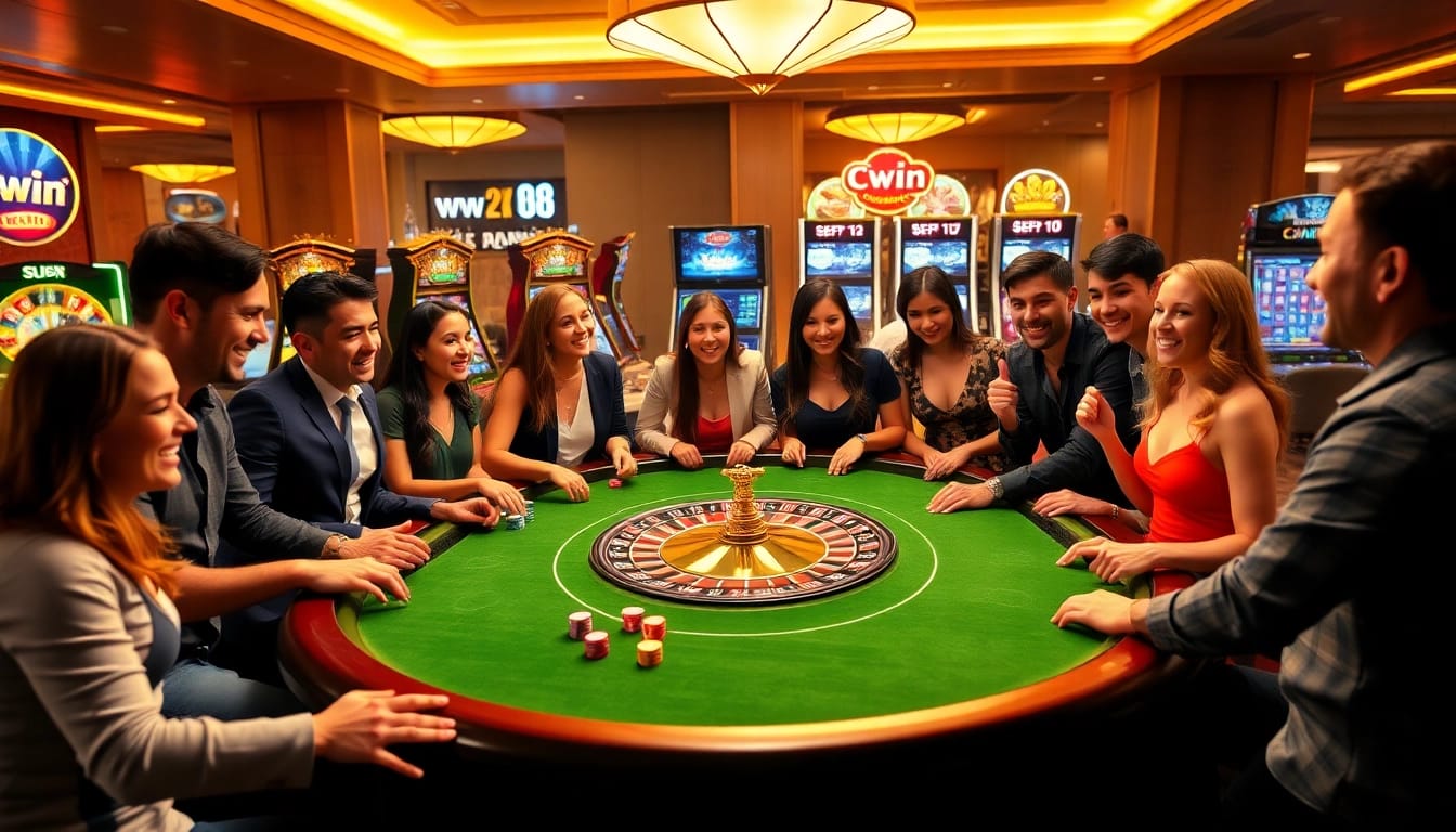 Cwin gaming table scene with excited players, vibrant colors, and dynamic gambling elements.