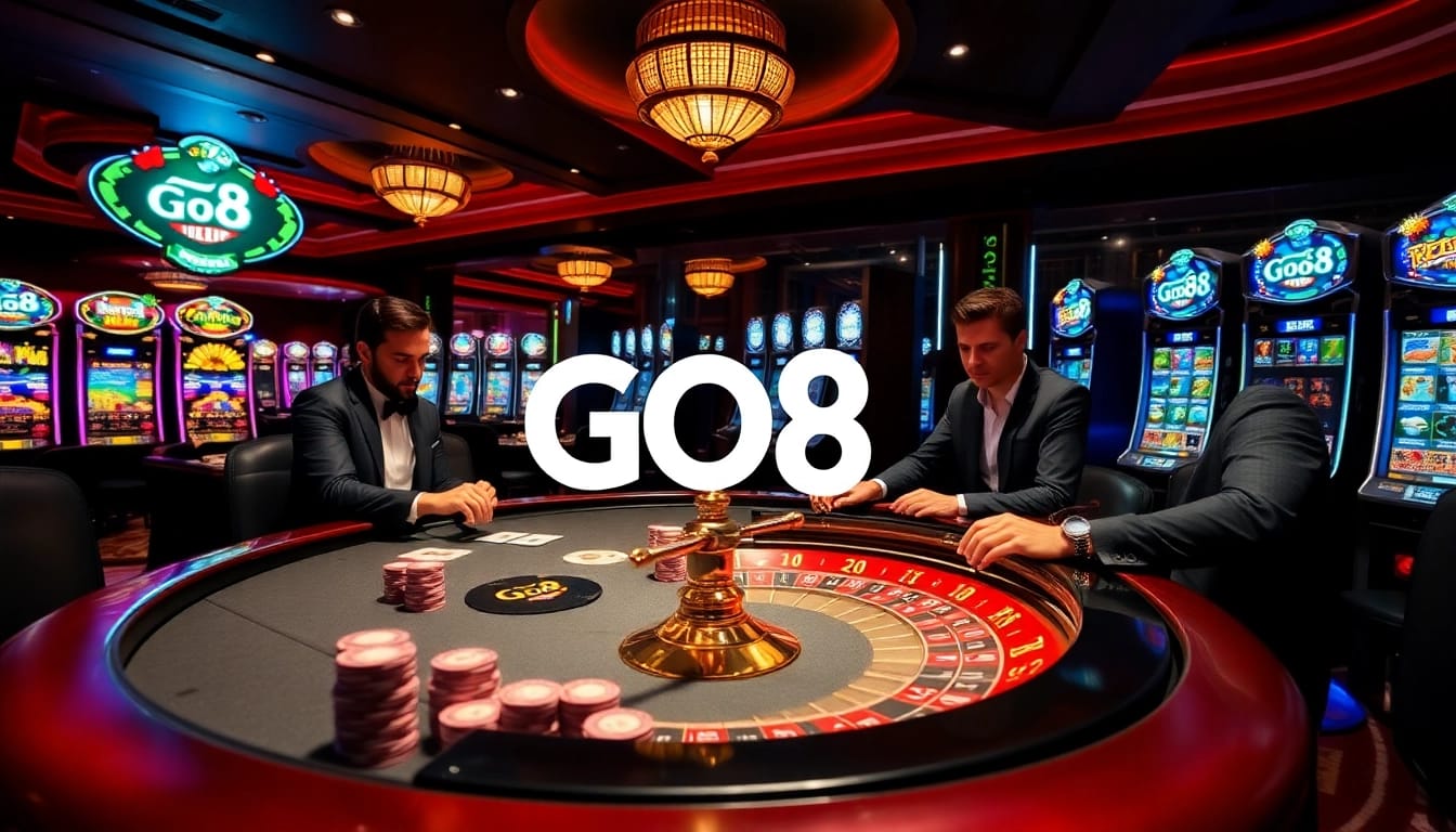 Experience the thrill of GO8 gaming at a luxury casino with poker and roulette action.