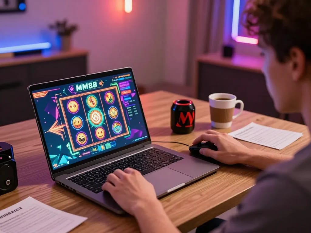 Engaged player celebrating a win while playing MM88 slots on laptop at home