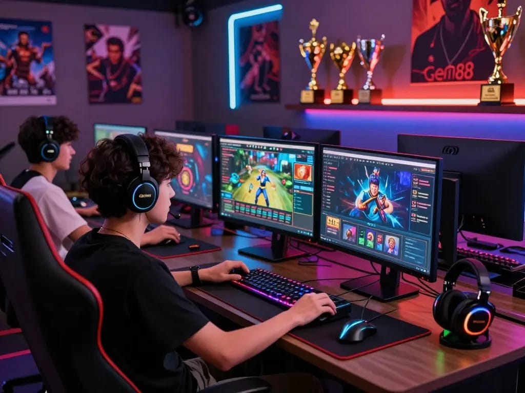 Exciting online gaming setup featuring vibrant interfaces and accessories at gem88.