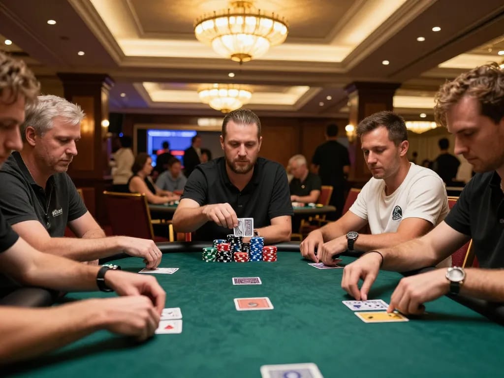 SHBET players engaging in strategic poker game with colorful chips and focused expressions in upscale casino setting