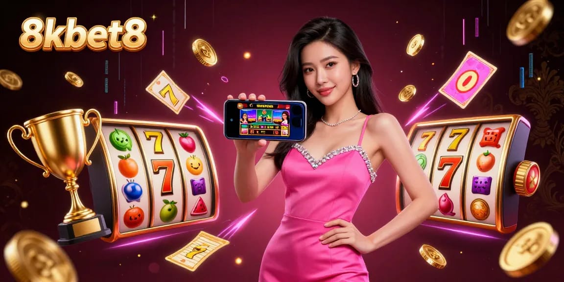 Engage with 8kbet8's stunning casino scene featuring thrilling slot games and vibrant elements.