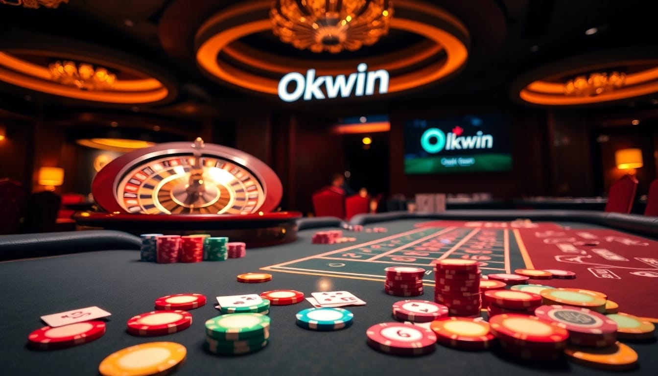 Experience the thrill of Okwin at a lavish casino table filled with poker chips and cards.