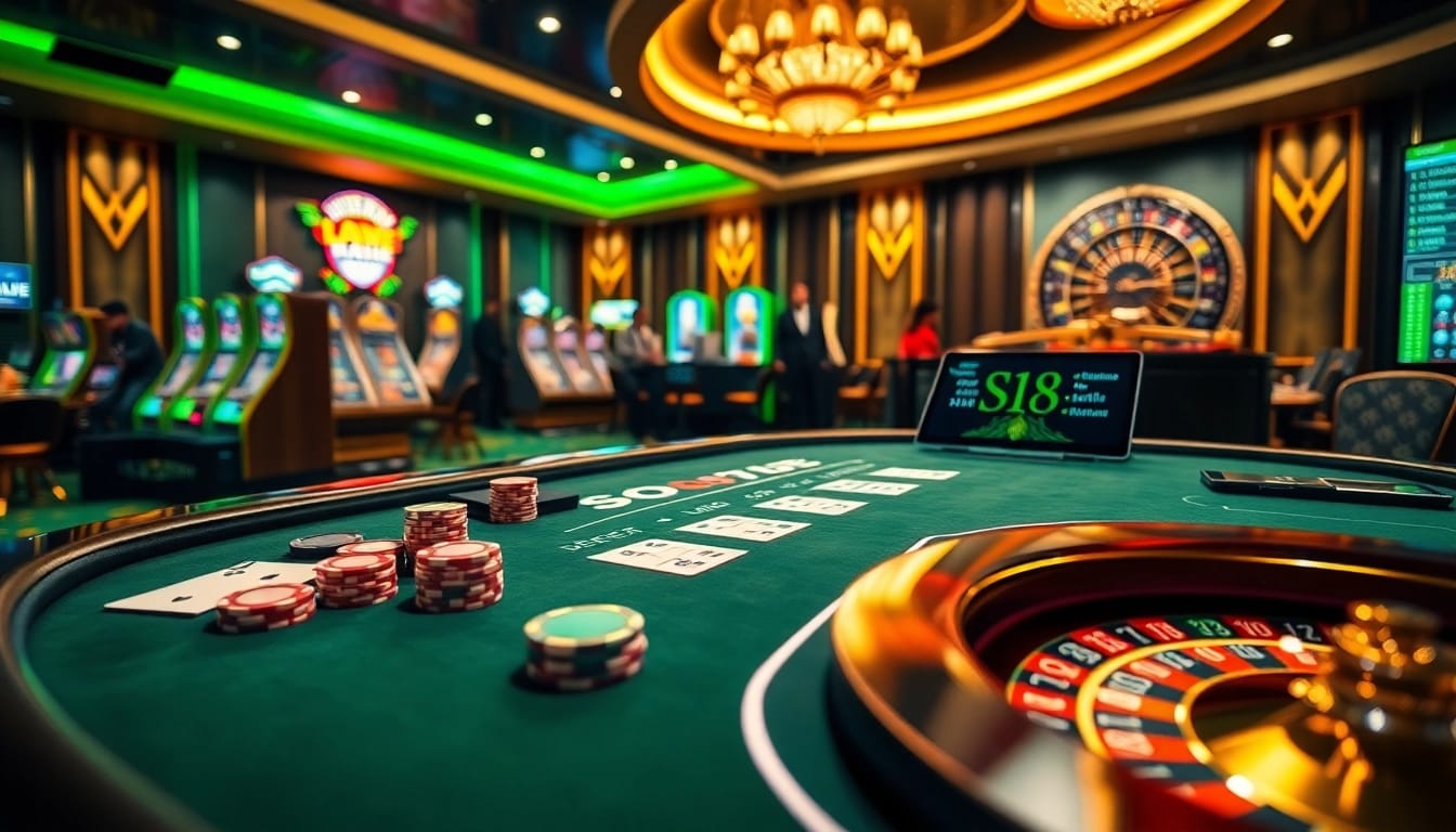 Players winning at the S8 casino, celebrating big bets with chips on a vibrant blackjack table.