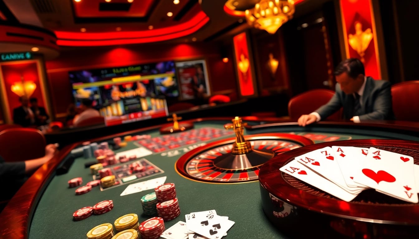 Experienced gamblers enjoy a luxurious experience at NHÀ CÁI GG88's high-stakes casino table with vibrant chips and cards.