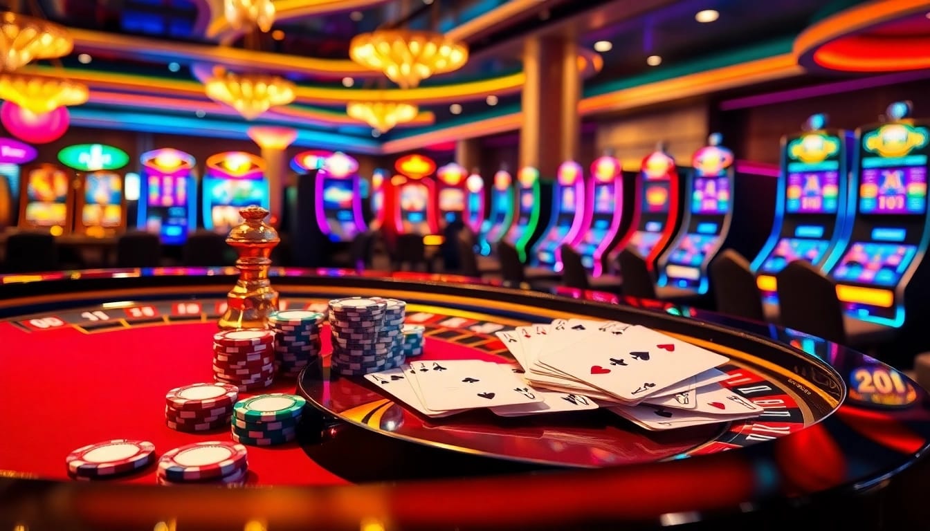 RR88 casino atmosphere showcasing poker chips, roulette table, and slot machines in a vibrant setting.