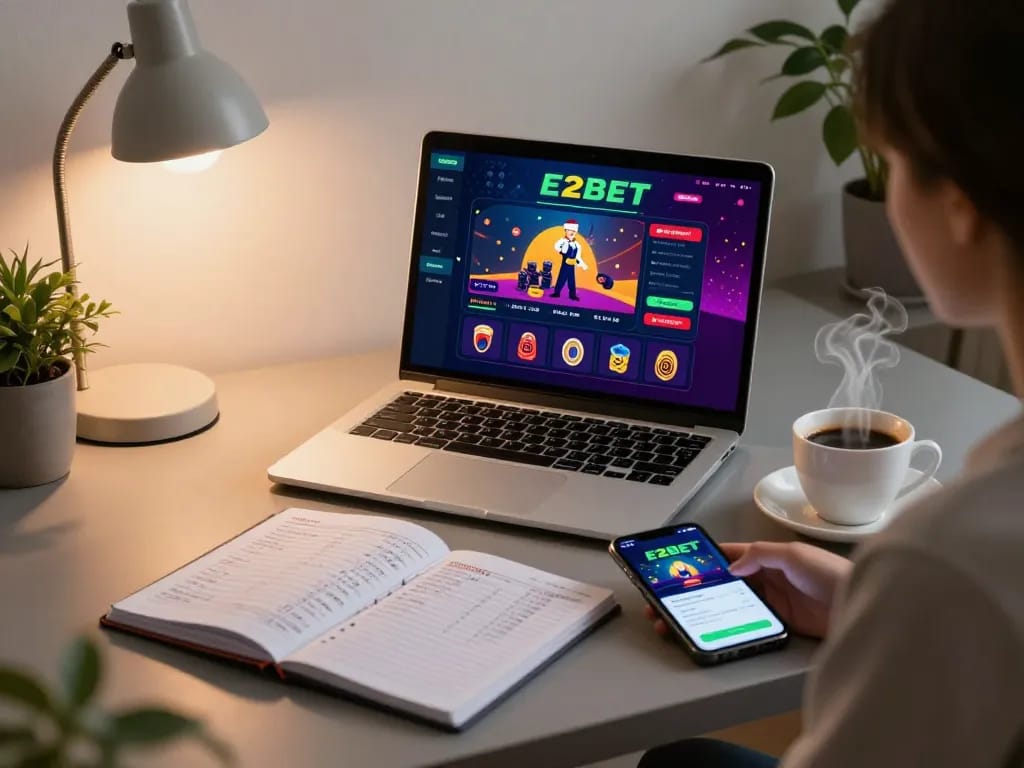 E2BET player engaging with a vibrant casino game interface on a laptop while tracking bankroll strategies.