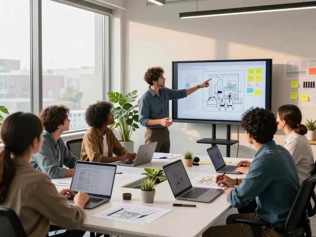 Creative professionals using an image prompt tool in a modern office.