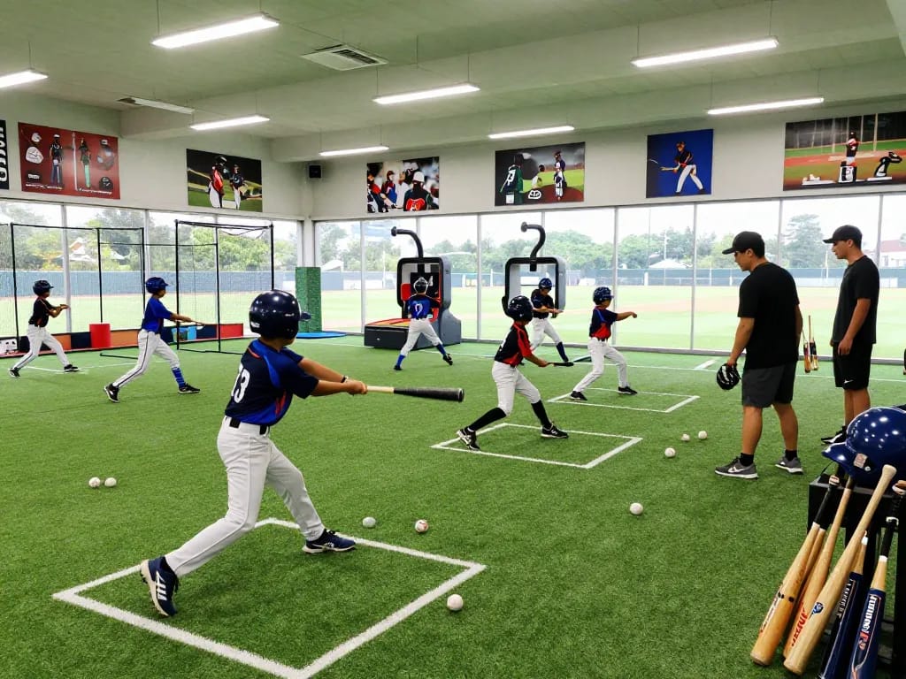Young athletes practicing hitting techniques at a hitclub training facility.