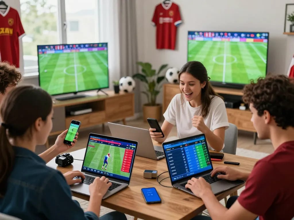 Friends excitedly using web cá độ bóng đá to bet on live football matches in a lively living room.