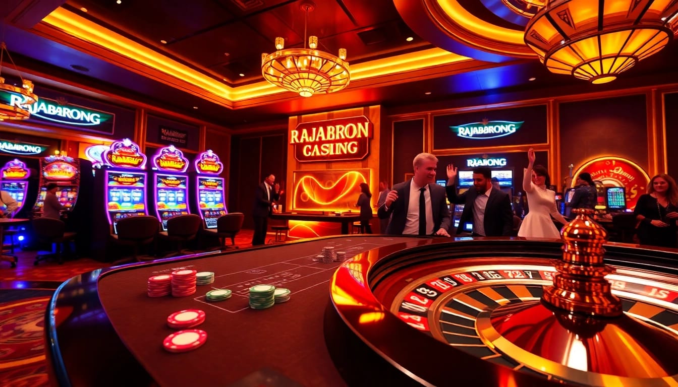 RAJABARONG showcases an energetic casino scene with vibrant slot machines and poker action.
