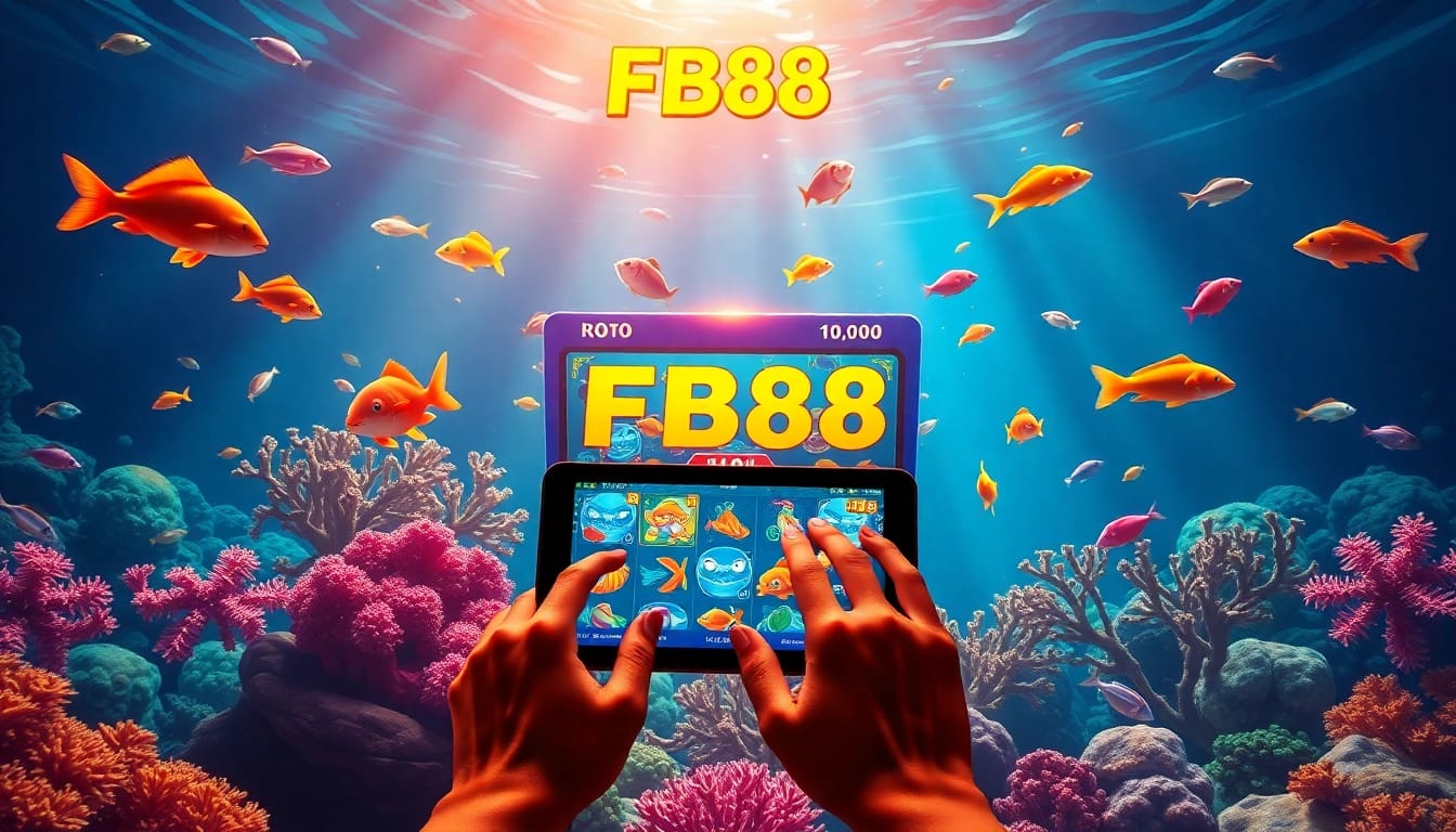 Bắn Cá FB88 game features a colorful underwater scene with players enjoying fishing, showcasing the thrill of online gambling.