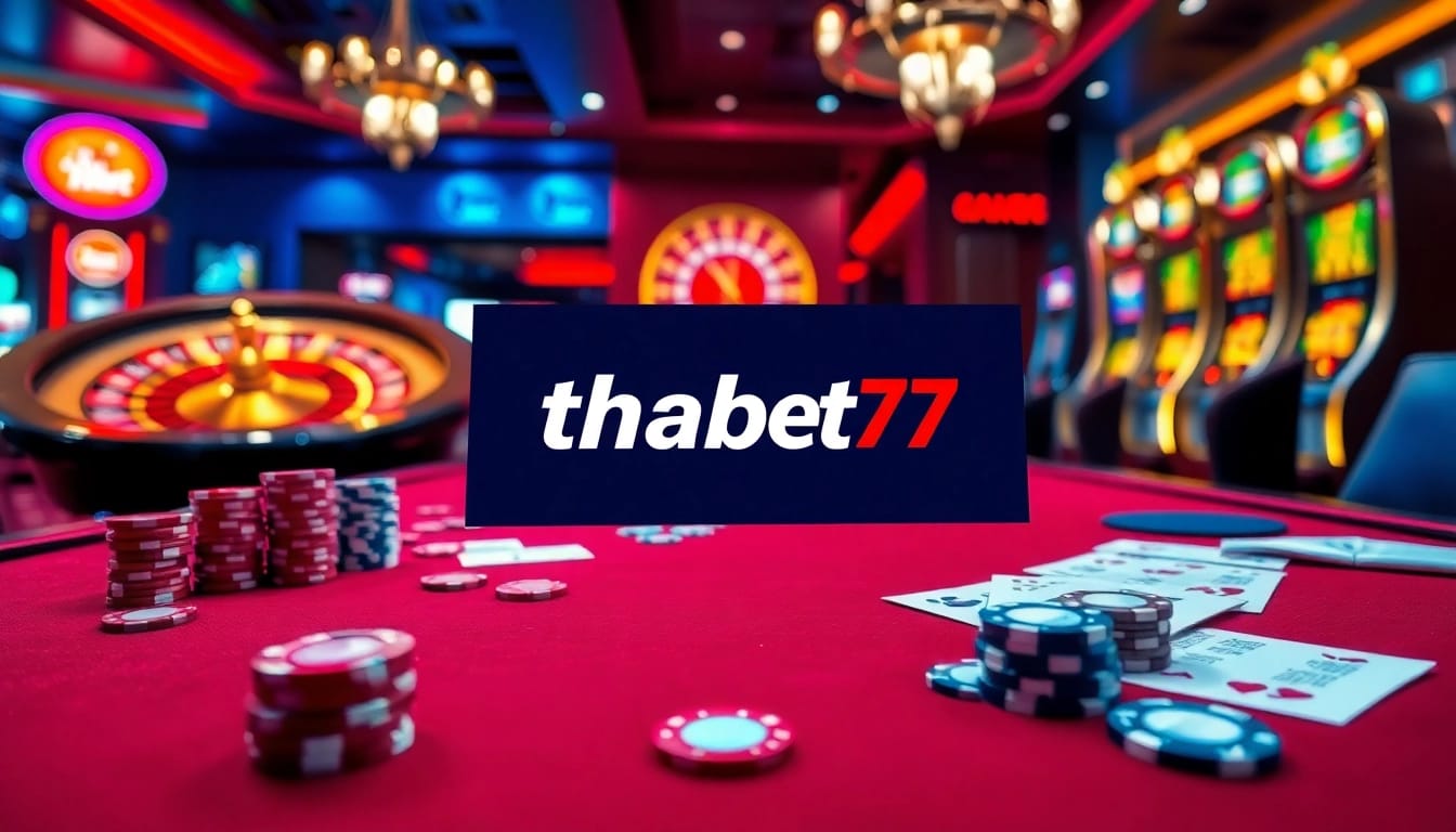 Action-packed gaming scene at thabet77 casino with cards, chips, and roulette wheel.