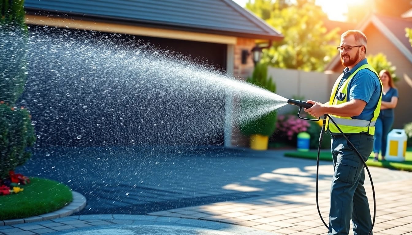 Jet washing a driveway with powerful streams, showcasing effective cleaning in action.