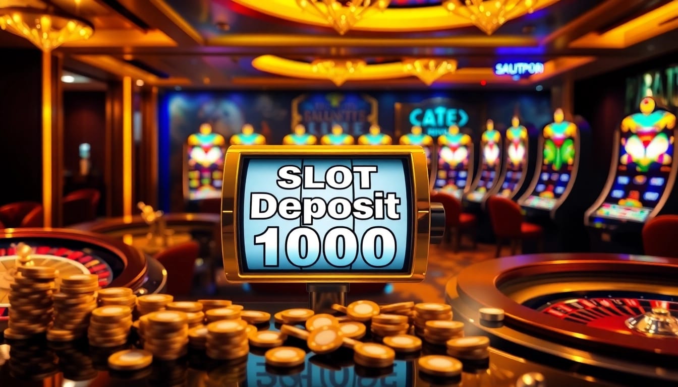 Adegan menarik seorang pemain di mesin slot yang menampilkan opsi deposit 1000, dikelilingi oleh elemen kasino.