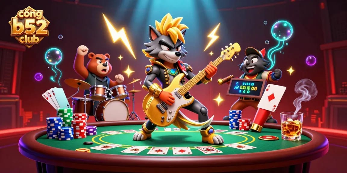 Experience the thrill at cổng b52 club with a vibrant casino scene featuring engaging characters and poker action.