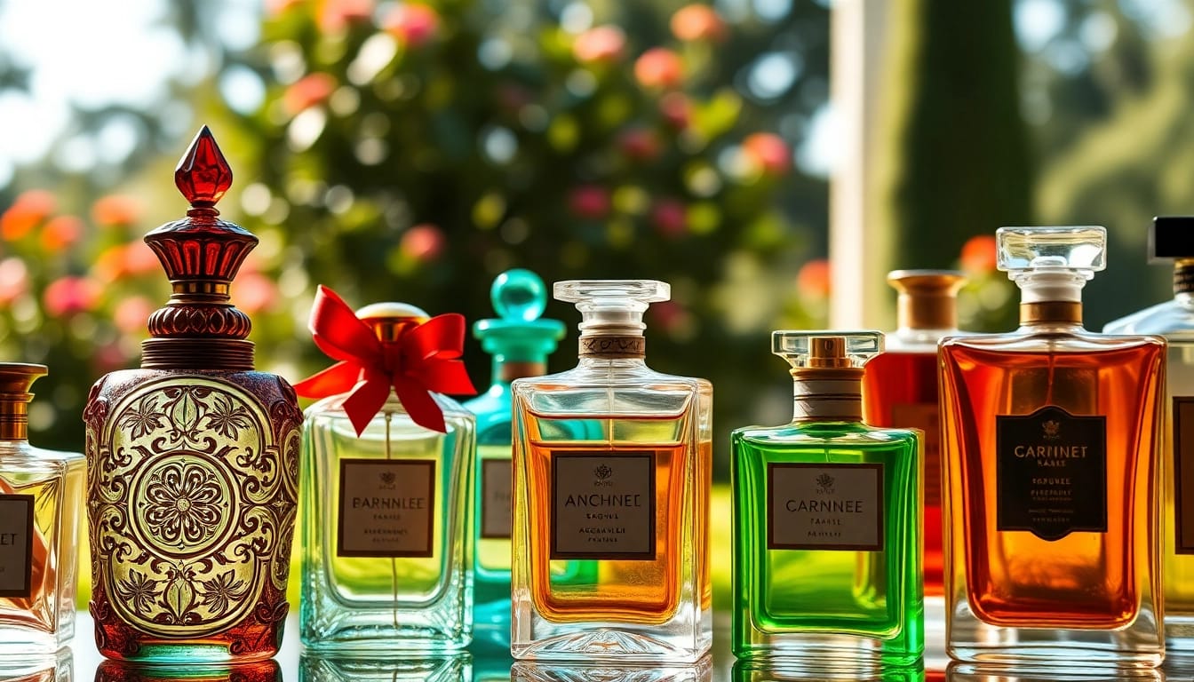 Showcase of elegant perfume bottles inspired by perfumes in vibrant garden setting.
