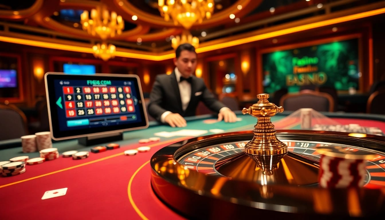 Players enjoying a thrilling game at F168 com casino, surrounded by vibrant chips and cards.