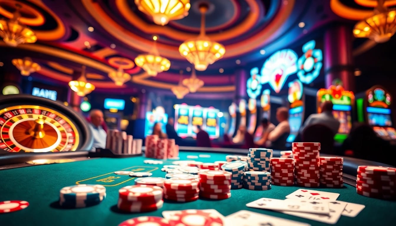 Players enjoying a vibrant gaming table at https://thabet.vegas/ with poker chips and cards for an exciting casino experience.