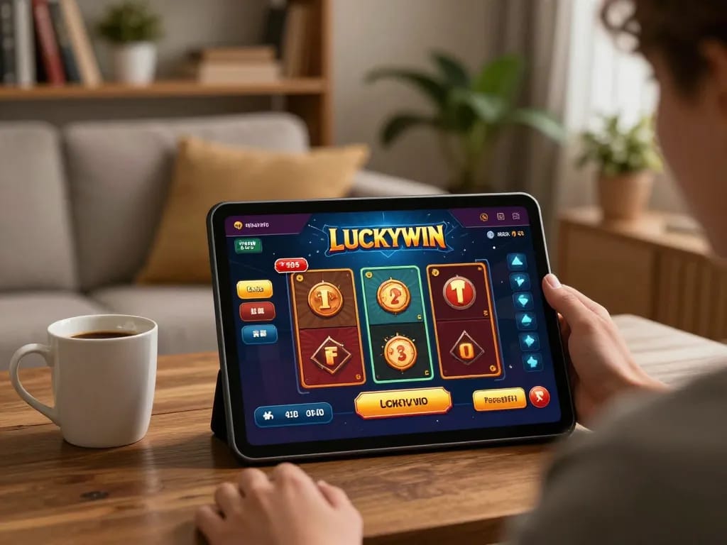 Engaging player enjoying the LUCKYWIN game on a tablet in a cozy home setting.