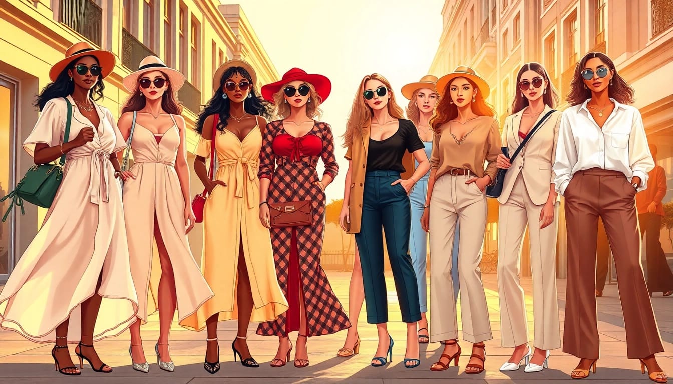 A group of women confidently showcasing various trends in Women Fashion outdoors.