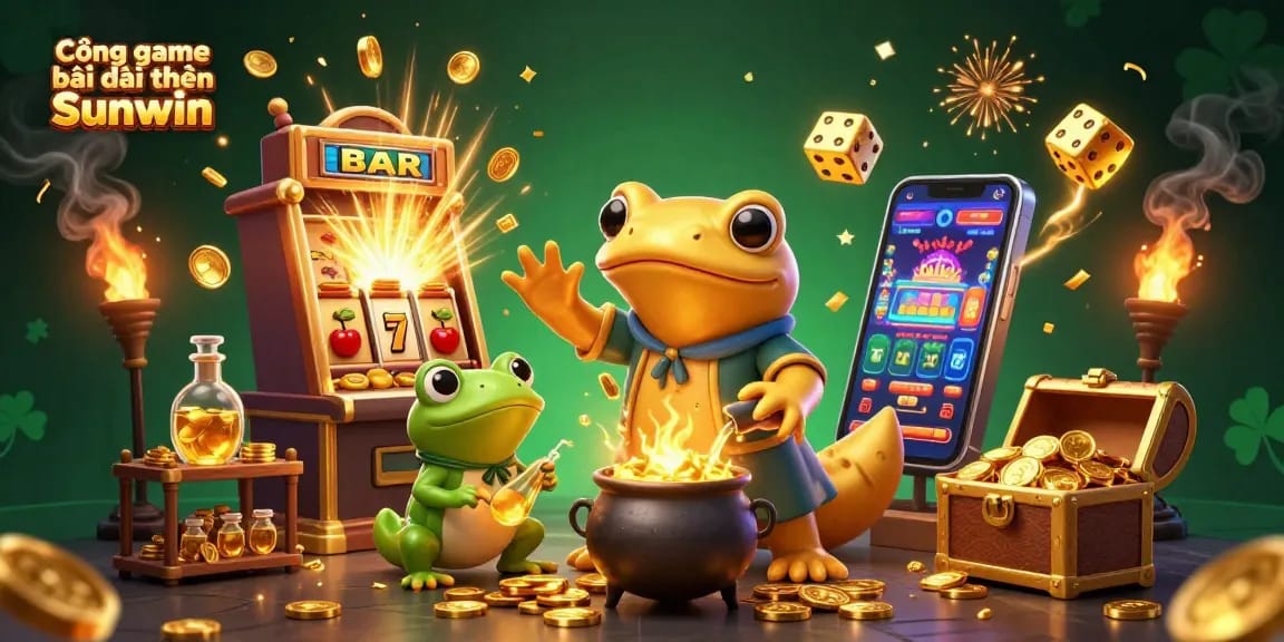 Cổng game bài đổi thưởng Sunwin showcases a vibrant scene with a golden salamander alchemist and lucrative casino elements.