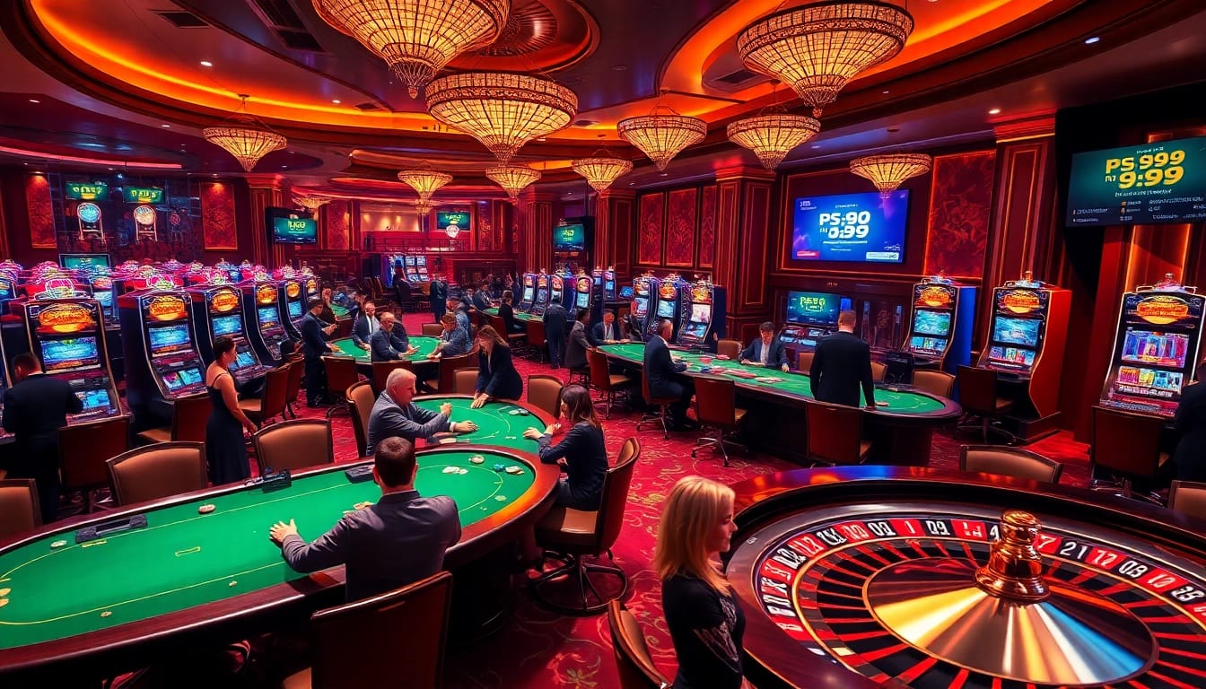 Gamblers enjoy a thrilling PS 99 gaming experience at an elegant casino atmosphere featuring poker and slot machines.