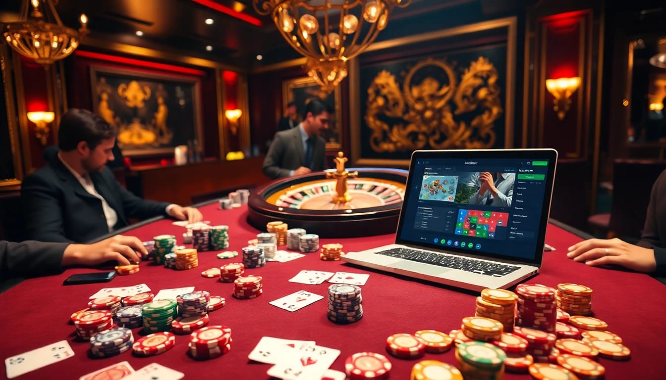 Excited players competing at a luxurious 13win poker table with vibrant chips and cards.