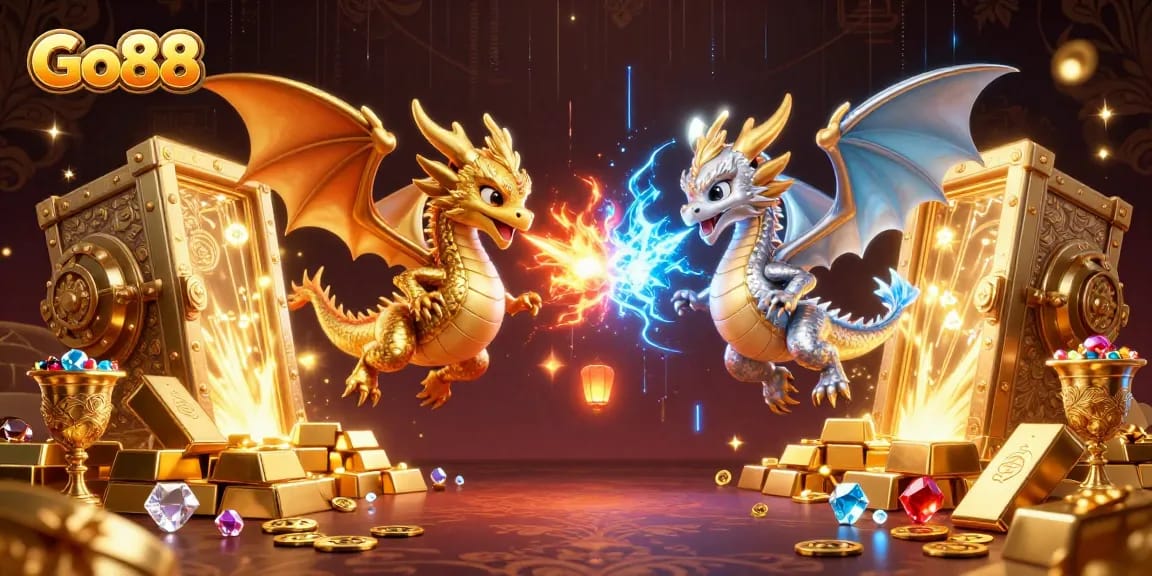 Play exciting games at Go88 with 3D illustration of dragons guarding treasures.
