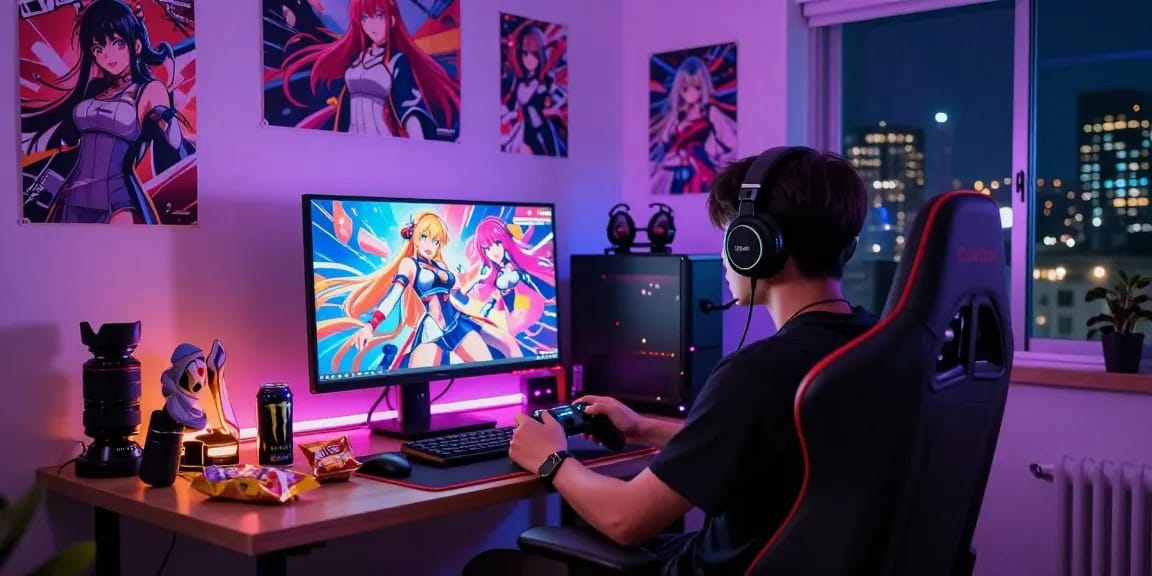 Gamer engaged in exciting ecchi games with colorful ambiance and gaming setup.