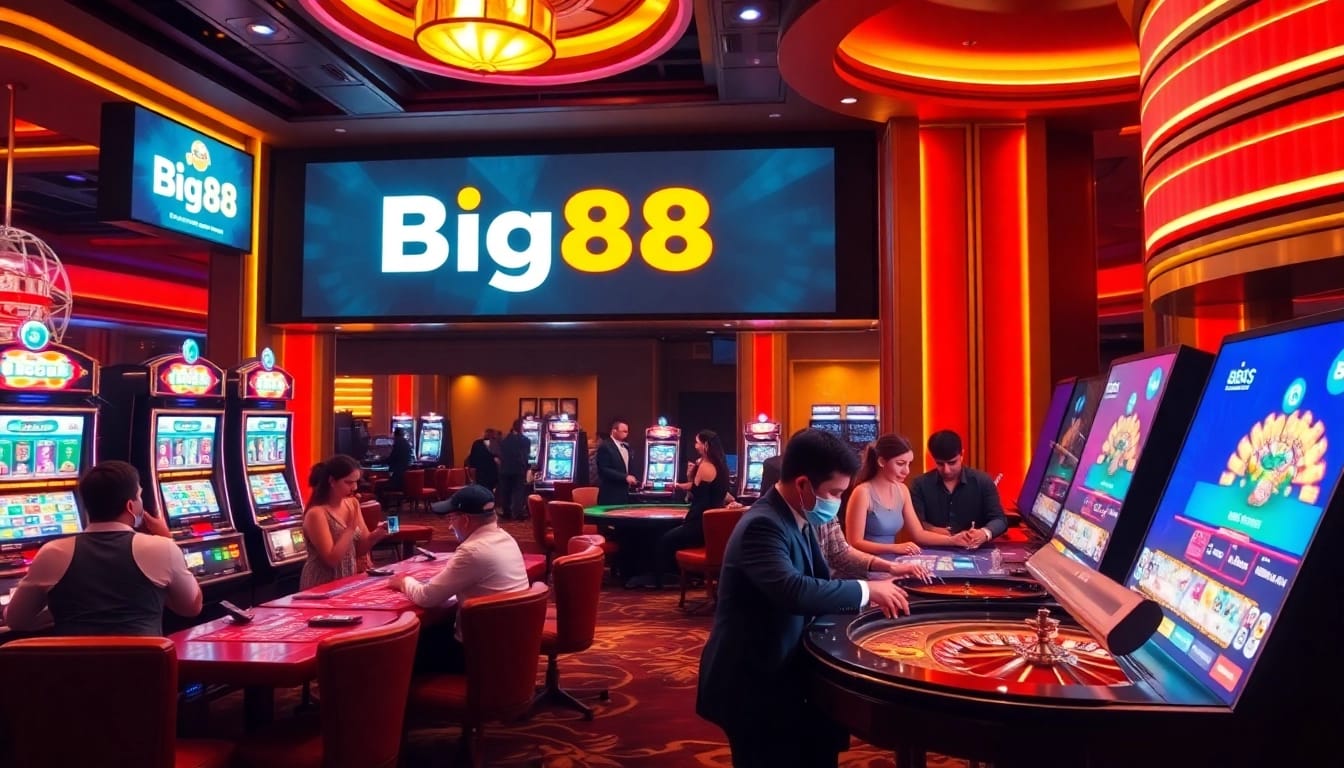 Big88 players enjoying upscale casino gaming with vibrant slot machines and roulette tables.